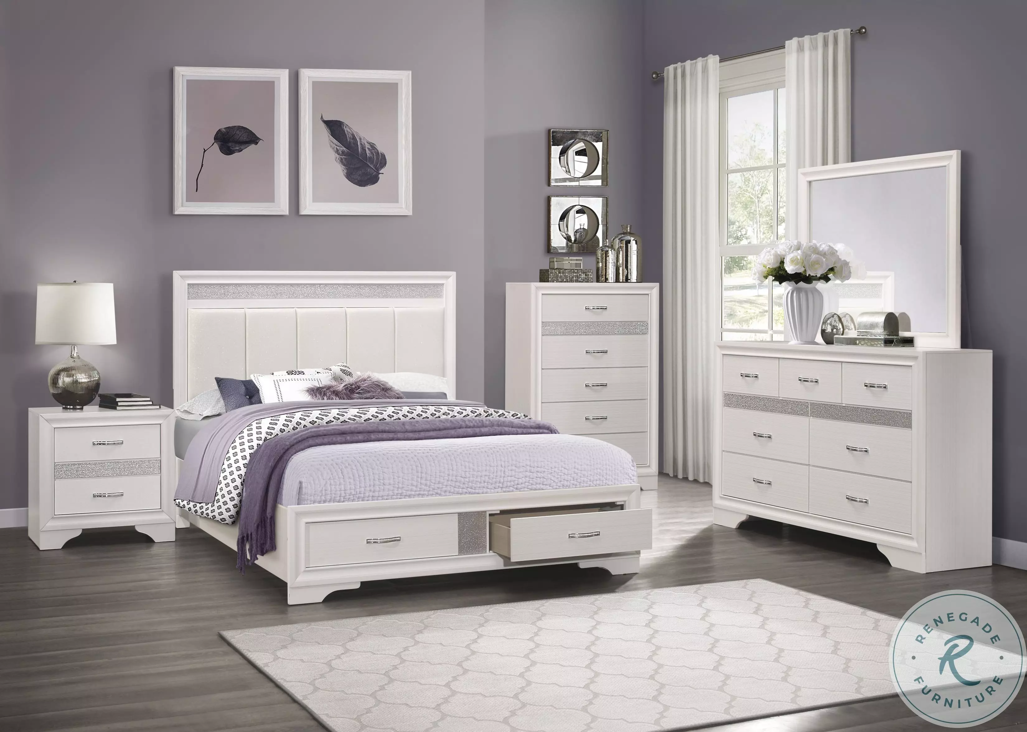 silver glitter dresser Luster White And Silver Glitter Storage Platform Bedroom Set