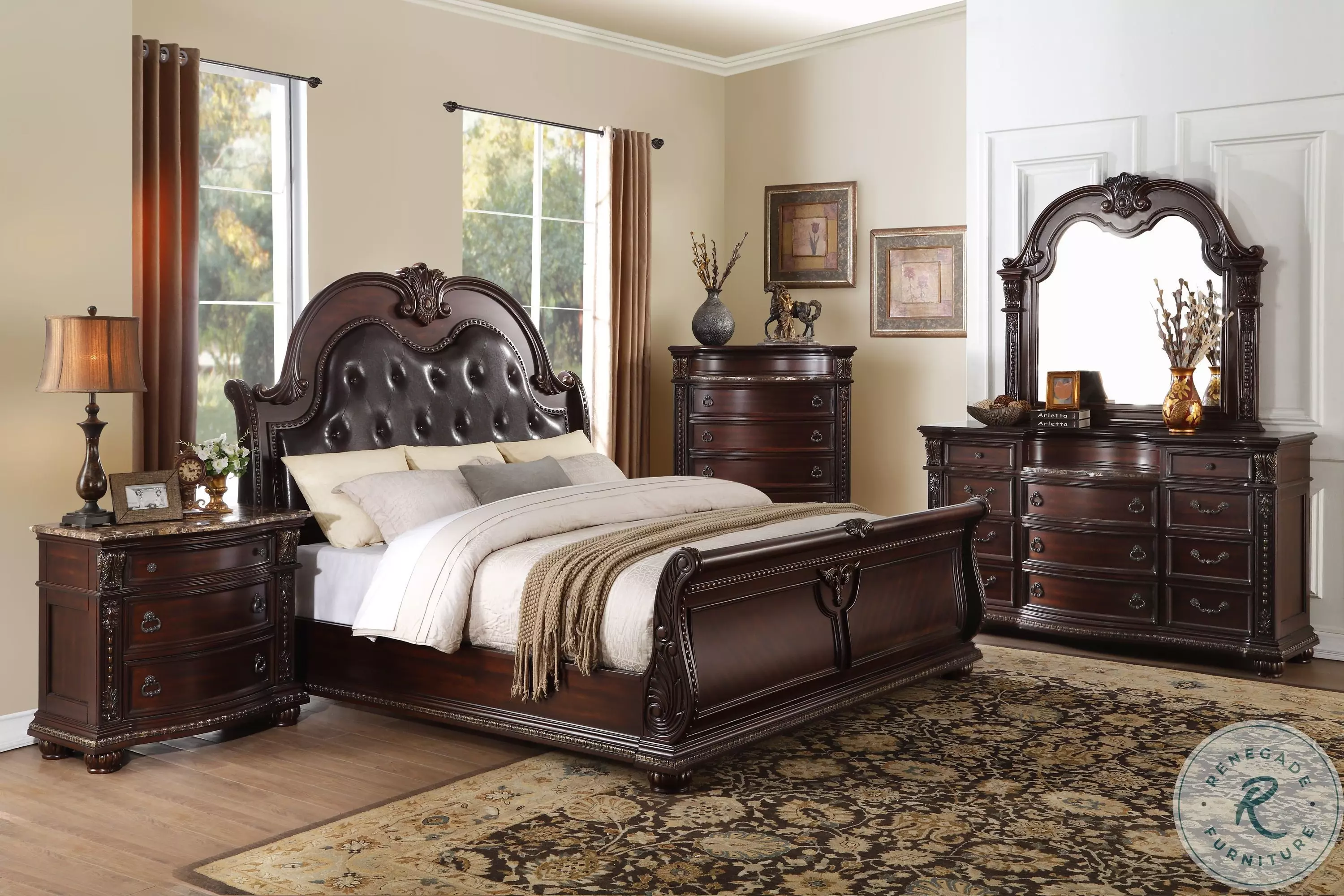bed and dresser set Furniture of America Ellington 5-Piece Natural Oak Wood Queen Bedroom with 2 Nightstands Dresser/Mirror IDF-N7424AKQNDM Grey finish combined with natural wood grain 6 Piece Queen Panel Bed