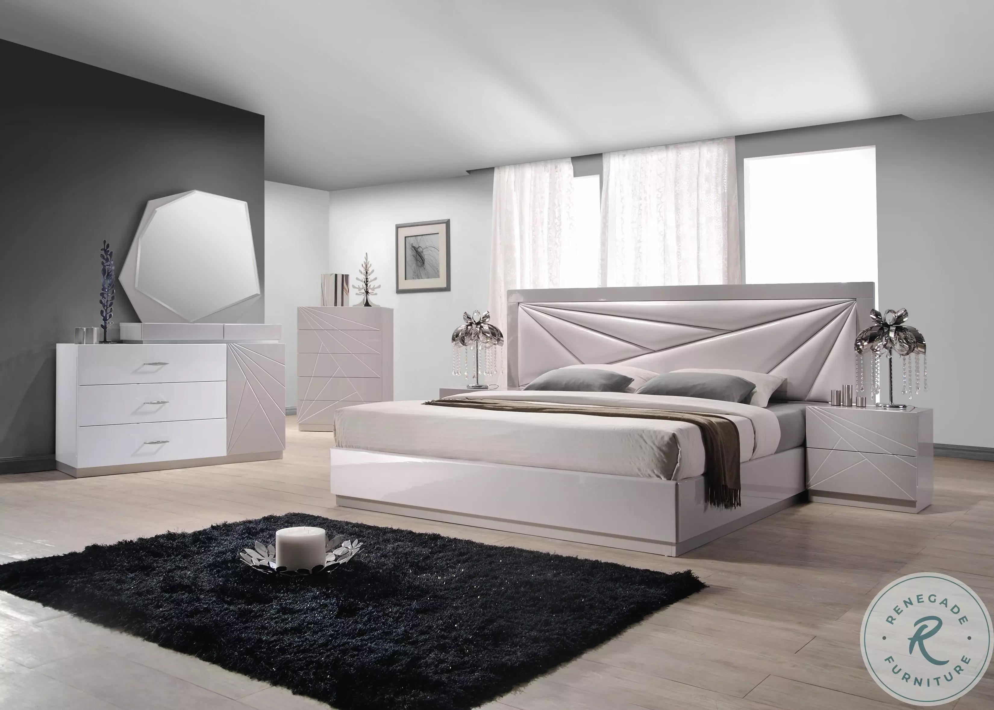 洋書 Sets: Performing Surfaces. + 3firms Florence White And Light Grey Lacquer Platform Bedroom Set From
