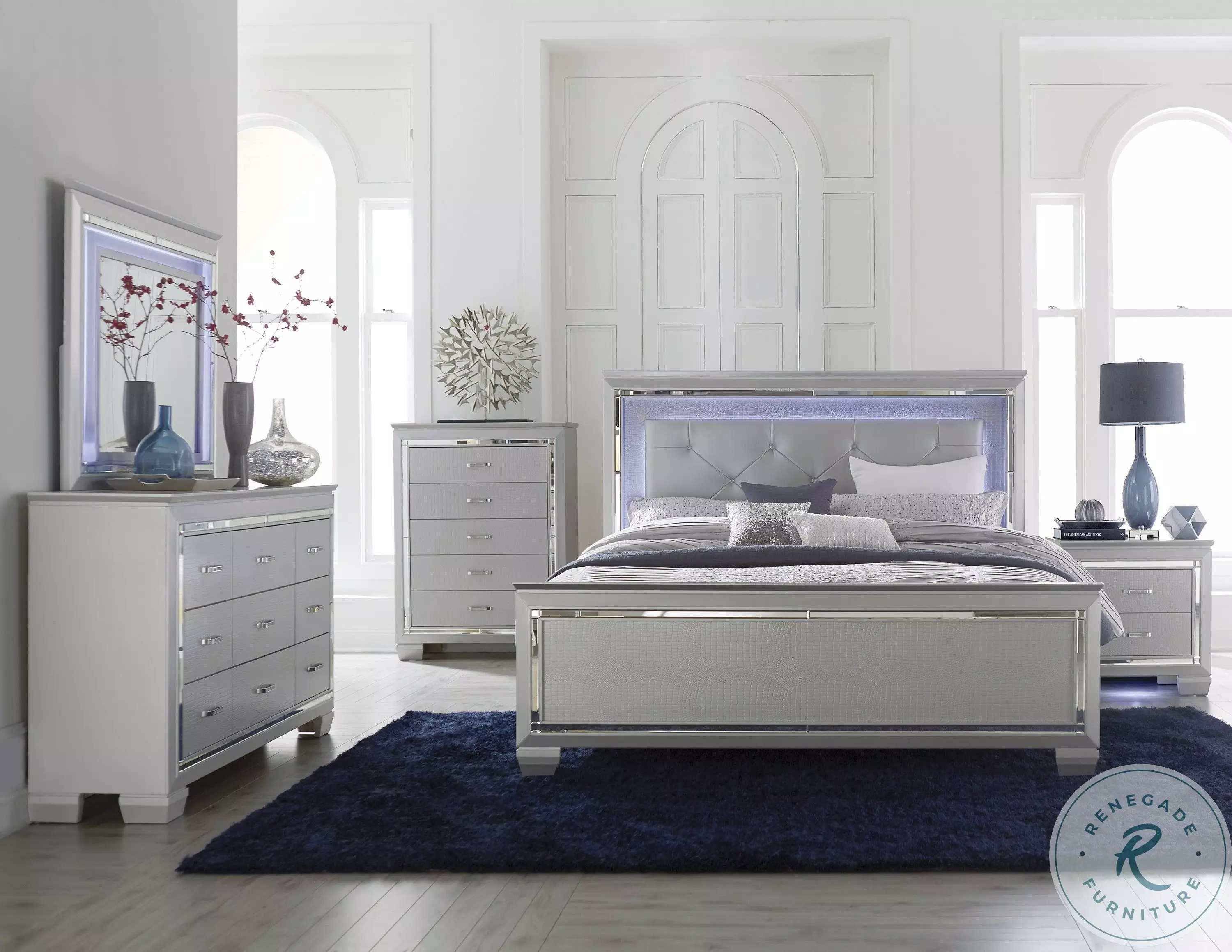silver bedroom dresser Rosdorf Park LED Upholstered Queen Set Dramatic drop Allura Silver Full Panel Bed