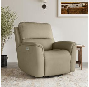 Henry Beige Leather Swivel Gliding Power Recliner with USB Charging and Heat Massage