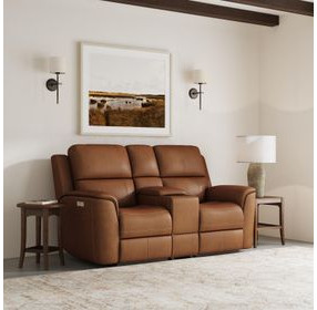Henry Russet Leather Power Reclining Console Loveseat with Power Headrest and Lumbar