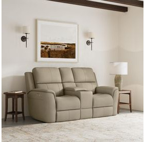 Henry Brown Leather Power Reclining Console Loveseat with Power Headrest and Lumbar