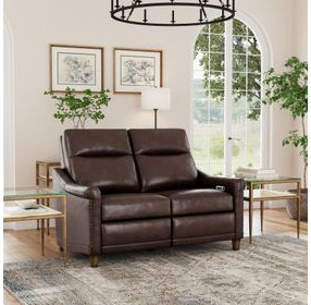 Elizabeth Brunette Brown Leather 58" Power Reclining Loveseat with Nailhead Trim and USB Charging