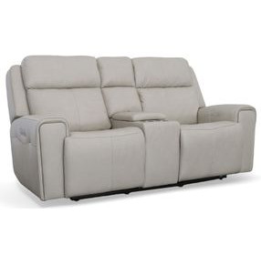 Barnett Cream Leather Power Reclining Console Loveseat With Power Headrest And Lumbar