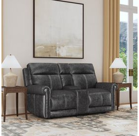 Alexander Weathered Stone Gray Leather 76" Zero Gravity Triple Power Reclining Loveseat with USB Charging and Nailhead Trim