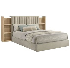 Arielle Light Oak and Light Tan Upholstered Bookcase Storage Panel Bedroom Set