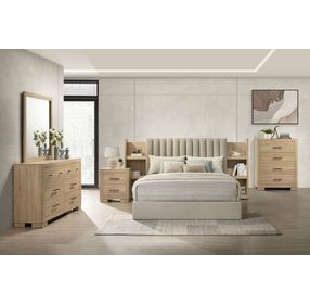 Arielle Light Oak and Light Tan Upholstered Bookcase Storage Panel Bedroom Set