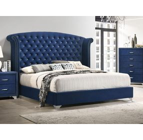 Melody Pacific Blue Queen Upholstered Panel Bed with Nailhead Trim
