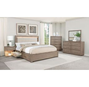 Kenora Barley Brown and Beige California King Upholstered Storage Panel Bed with LED
