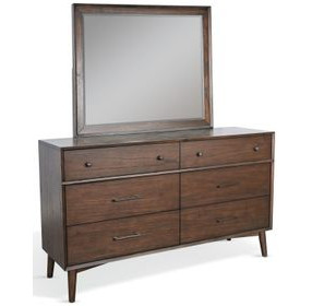 American Modern Walnut 6 Drawer Dresser with Rectangular Mirror