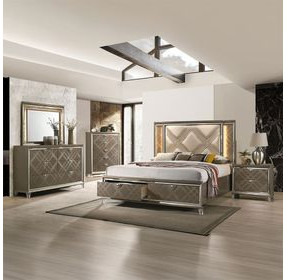 Skylar Beige and Dark Champagne Queen Upholstered Storage Panel Bed with LED
