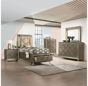 Skylar Beige and Dark Champagne Full Upholstered Storage Panel Bed with LED