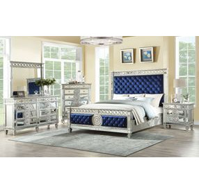 Varian Blue and Silver Queen Upholstered Panel Bed with Nailhead Trim