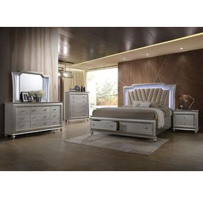 Kaitlyn Gray and Champagne Queen Upholstered Storage Panel Bed with LED