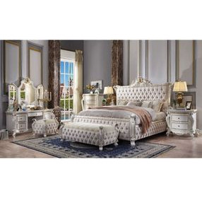 Picardy Antique Pearl Queen Upholstered Panel Bed with Nailhead Trim