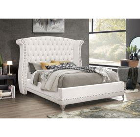 Barzini White California King Upholstered Panel Bed with Nailhead Trim