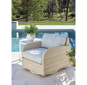 Sand Dune Blue and Brown Upholstered Outdoor Swivel Lounge Chair