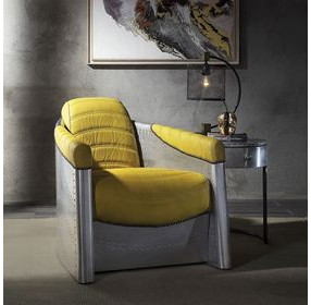 Brancaster Yellow Leather Upholstered Accent Chair with Nailhead Trim