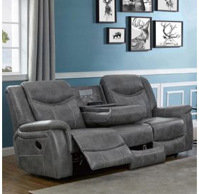 Conrad Gray Reclining Sofa With Drop Down Table