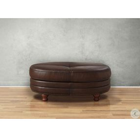 Bexley Caramel Leather Upholstered Oval Ottoman with Nailhead Trim