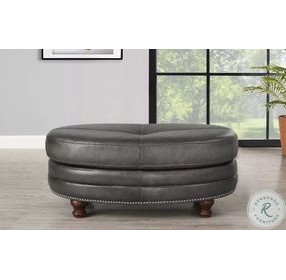 Bexley Ash Leather Upholstered Oval Ottoman with Nailhead Trim