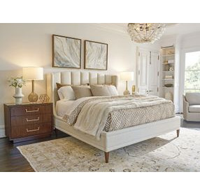 Savoy Rendezvous Ivory and Brown Performance Fabric Queen Upholstered Panel Bed