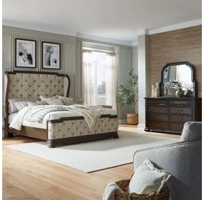 Provence Park Chateau Brown and Texture Cream King Upholstered Shelter Bed