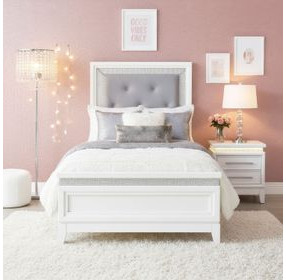 Reflections Pearl White and Gray Twin Upholstered Panel Bed with LED