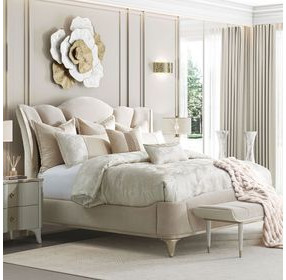 La Marisia Tranquil and Champagne Gold Queen Upholstered Bed with USB Charging