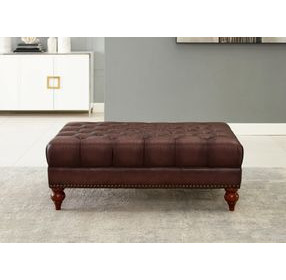 Alwick Caramel Leather Upholstered Rectangular Ottoman with Nailhead Trim