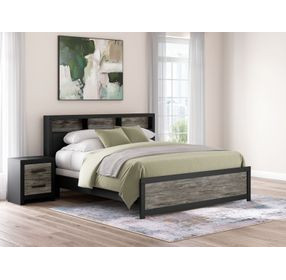 Ryderton Warm Gray and Matte Black King Bookcase Headboard with LED