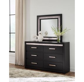 Shoralli Black 6 Drawer Dresser with LED and Rectangular Mirror