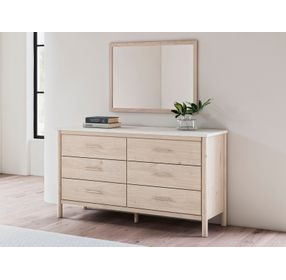 Cadmori Champagne and White 6 Drawer Marble Top Dresser and Rectangular Mirror