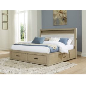 Calmoro Gray Wash and White King Upholstered Bookcase Storage Panel Bed with USB Charging