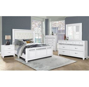 B00764 White Upholstered Queen Panel Bed with Lighted Headboard