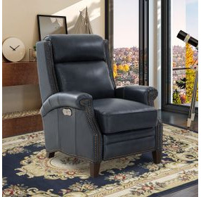Barrett Barone Navy Blue Leather Lounge Power Recliner with USB Charging and Nailhead Trim