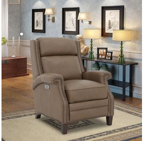 Barrett Cashmere Taupe Leather Lounge Power Recliner with USB Charging and Nailhead Trim