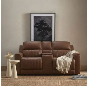 Pierce Homerun Cinnamon Leather 76" Zero Gravity Power Reclining Console Loveseat with Power Lumbar and USB Charging