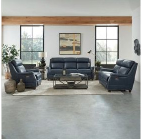 Warrendale Shoreham Blue Leather Power Reclining Living Room Set with Nailhead Trim and USB Charging