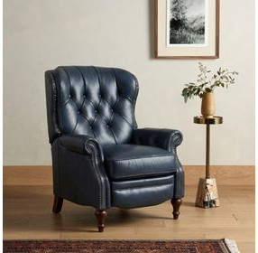 Kendall Shoreham Blue Leather Push Thru The Arms Recliner with Nailhead Trim