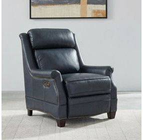 Warrendale Shoreham Blue Leather Power Recliner with Nailhead Trim and USB Charging