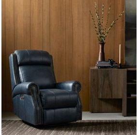 Blair Shoreham Blue Leather Power Recliner with Nailhead Trim and USB Charging