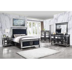 Varian II Dark Navy and Silver King Upholstered Panel Bed with Nailhead Trim
