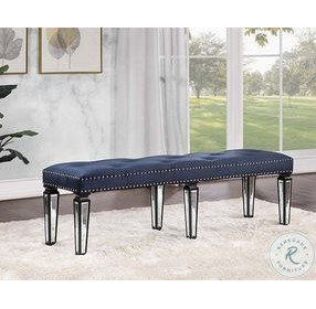 Varian II Dark Navy Velvet Black and Silver Mirrored 60" Upholstered Bench