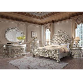 Sorina Beige and Antique Gold King Upholstered Panel Bed