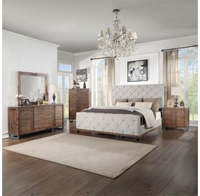 Andria Reclaimed Oak and Beige King Upholstered Panel Bed