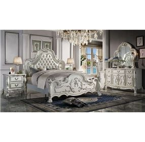 Dresden Bone White Queen Upholstered Panel Bed with Nailhead Trim