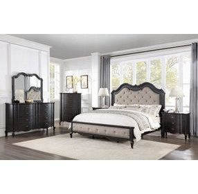 Chelmsford Beige and Antique Black Queen Upholstered Panel Bed with Nailhead Trim