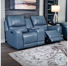 Bel Air Persian Blue Leather 76" Lay Flat Power Reclining Console Loveseat with Power Headrest and USB Charging